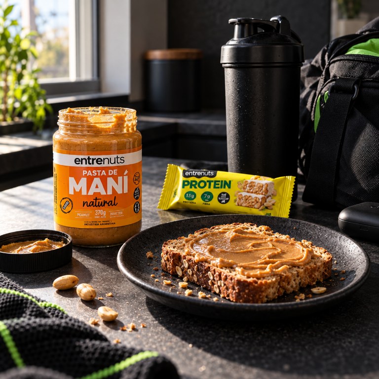 Pasta de maní, una tostada y una barra proteica junto a un shaker