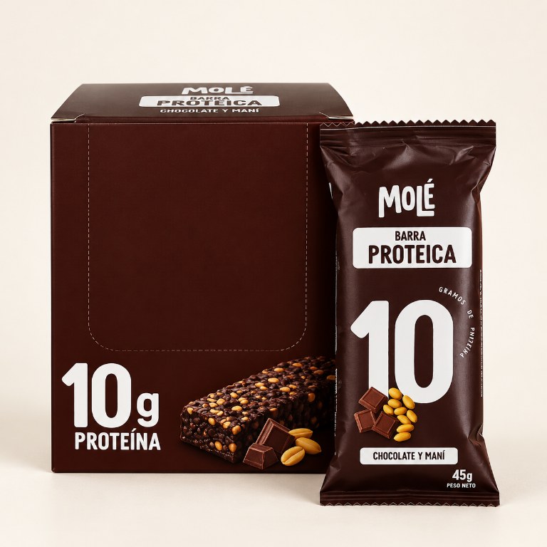 Caja y envoltorio de barra proteica Molé de 10 g de proteína sabor chocolate y maní, paquete de 12