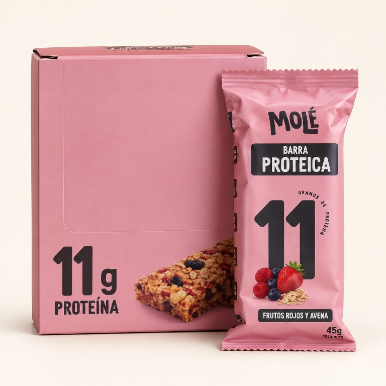 Caja y envoltorio de barra proteica Molé de 11 g de proteína sabor frutos rojos y avena, paquete de 12