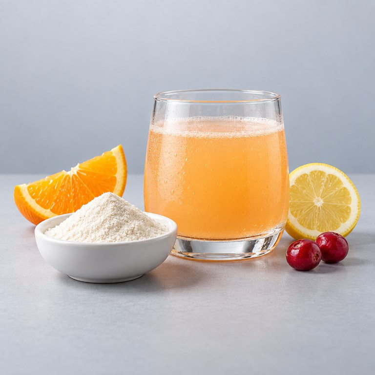 Bebida de colágeno ilustrativa con polvo y frutas sobre fondo gris