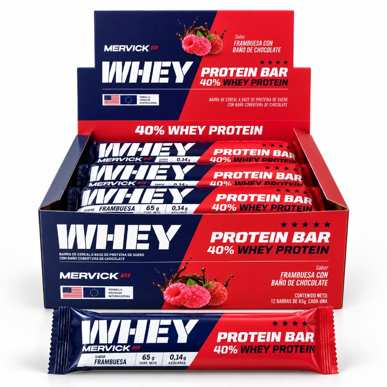 Caja Mervick Whey Protein Bar sabor frambuesa, 12 barras de 65 g, con una barra individual al frente