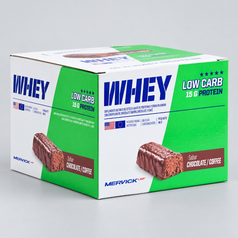 Caja Mervick Whey Low Carb Chocolate Coffee, 12 barras de 46 g
