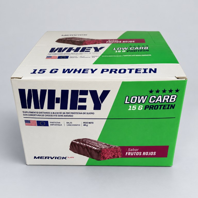Caja Mervick Low Carb frutos rojos con doce barras de 46 g