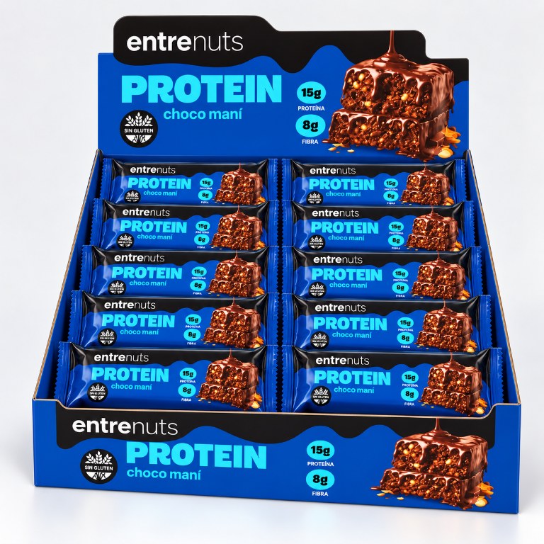 Caja de diez barras Entrenuts Maní de 45 g, adaptación del envase de referencia